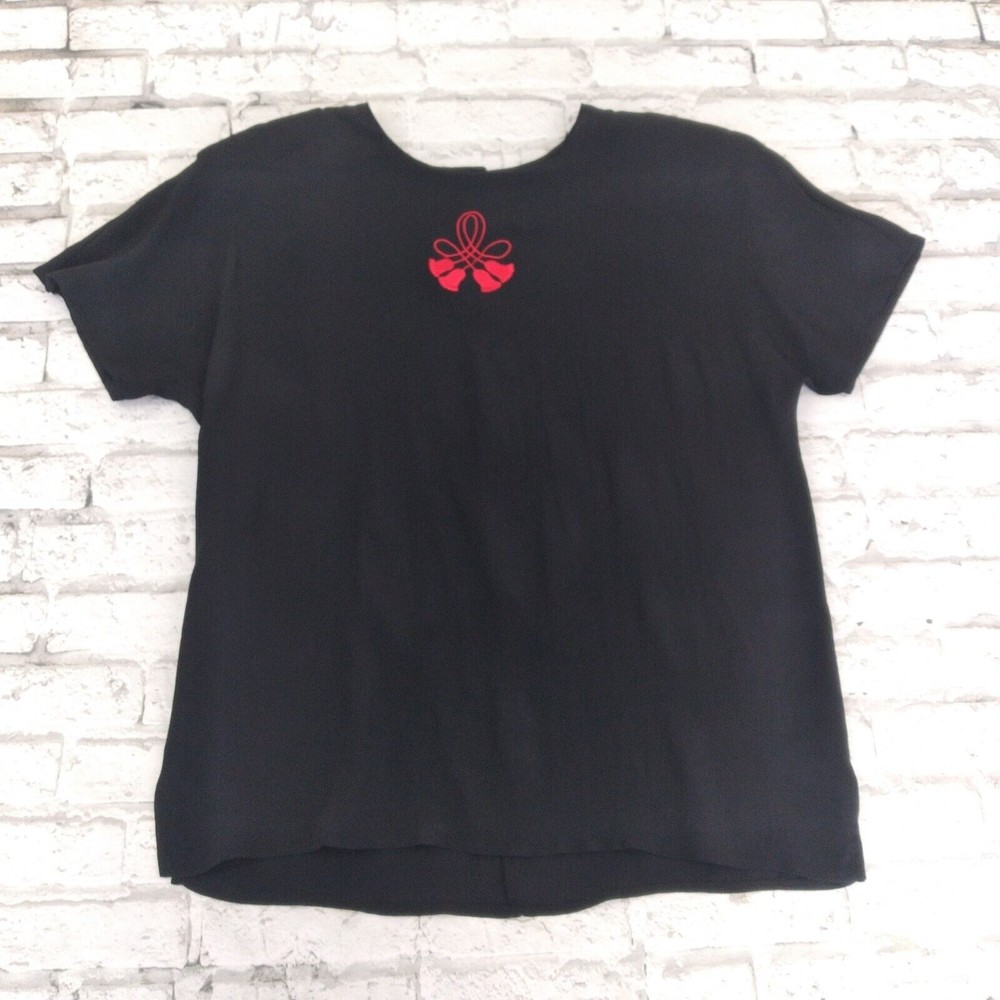 A.K.F. Blouse Womens Medium Black Embroidered Short Sleeve Shoulder Pads Vintage